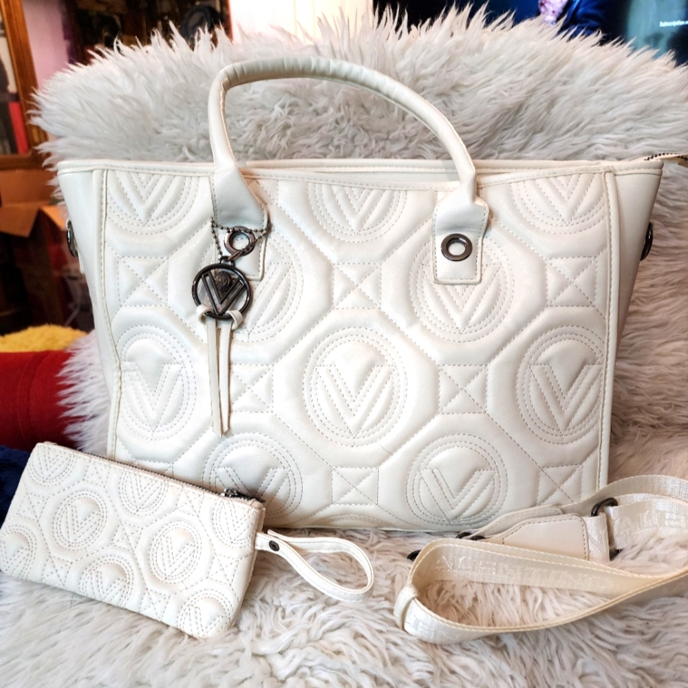 NWOT Valentino Orlandi Large White Quilted Tote Bag With Matching Wallet/Pouch